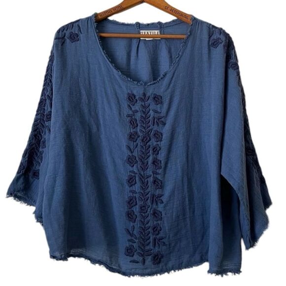 Elizabeth & James Gauze Top Medium Boho Lightweight Embroidered Raw Fringe Hem - Picture 1 of 9